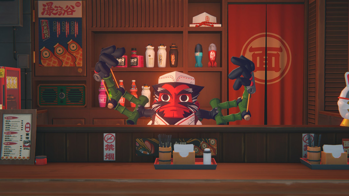Un yokai rouge avec des bras robotisés se tient derrière un bar à nouilles, attendant de prendre votre commande dans Zenless Zone Zero