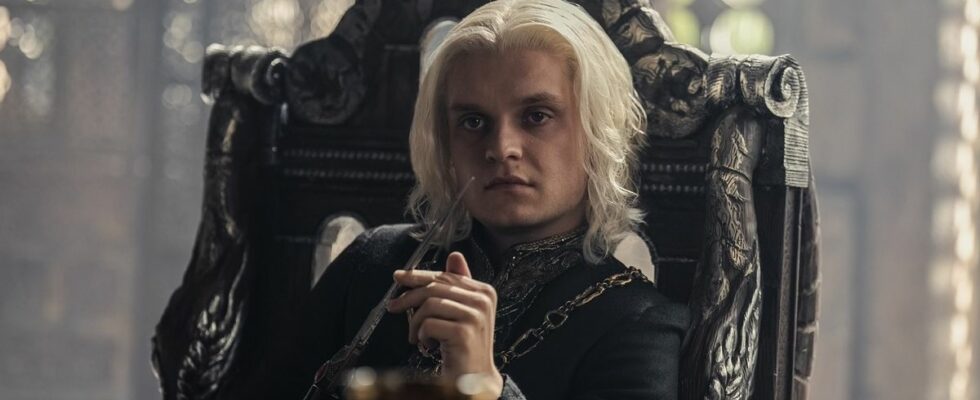 Tom Glynn-Carney as King Aegon II, the illegitimate ruler of the Seven Kingdoms in Season 2 of House of the Dragon