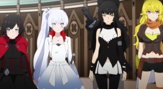 The RWBY quartet stands in an ornate room