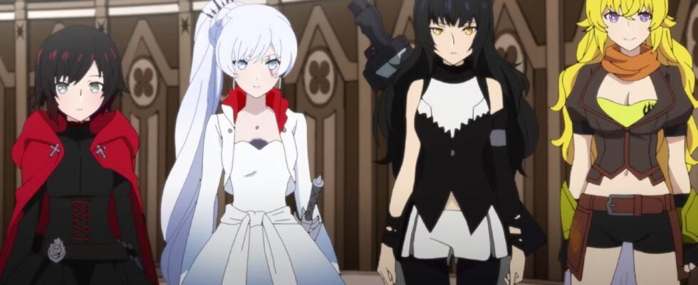 The RWBY quartet stands in an ornate room