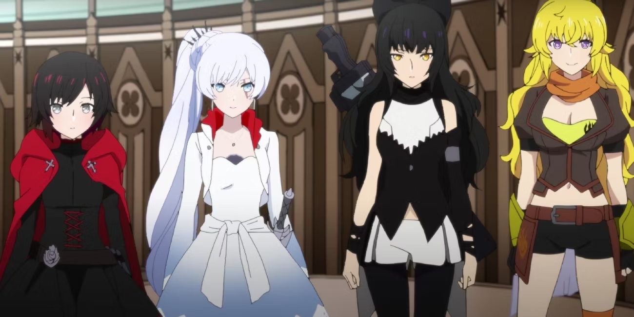 The RWBY quartet stands in an ornate room