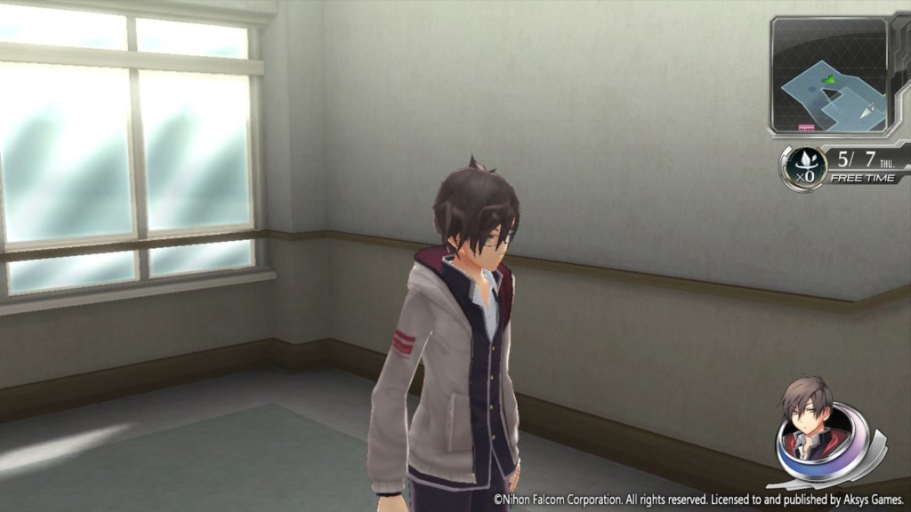 Capture d'écran de Tokyo Xanadu ex+ montrant un étudiant portant une veste grise debout dans un couloir d'école près d'une fenêtre