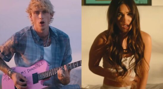 In side-by-side images, Machine Gun Kelly sings in his music video for "my ex