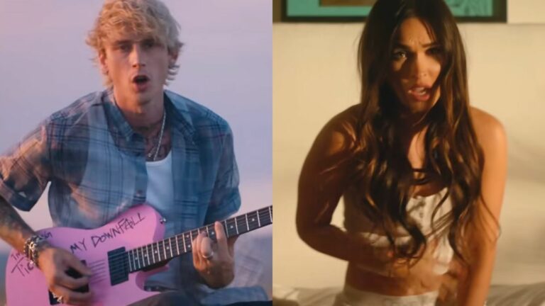 In side-by-side images, Machine Gun Kelly sings in his music video for "my ex