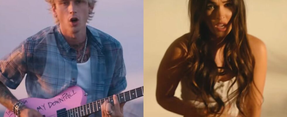 In side-by-side images, Machine Gun Kelly sings in his music video for "my ex