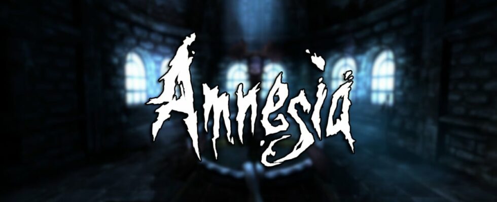 The Amnesia logo with a creepy fountain in the backgrond.