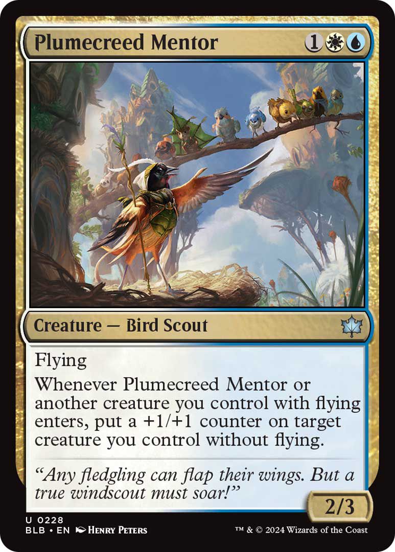 Plumecreed Mentor est une créature, un oiseau éclaireur, avec des pouvoirs de vol et des pouvoirs supplémentaires. Il mesure 2⁄3 et coûte trois manas, dont un blanc et un bleu.