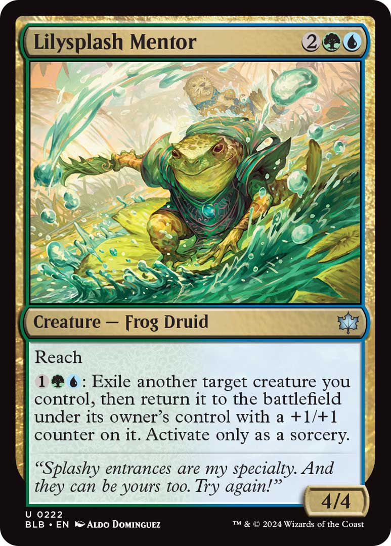 Lilysplash Mentor est une créature, un druide grenouille, avec portée. Il a un pouvoir supplémentaire lié à l'exil.