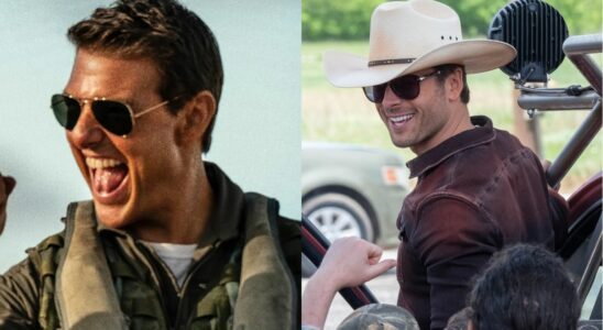 Tom Cruise fist pumps in sunglasses in Top Gun: Maverick and Glen Powell smiles while wearing sunglasses in Twisters, pictured side-by-side.