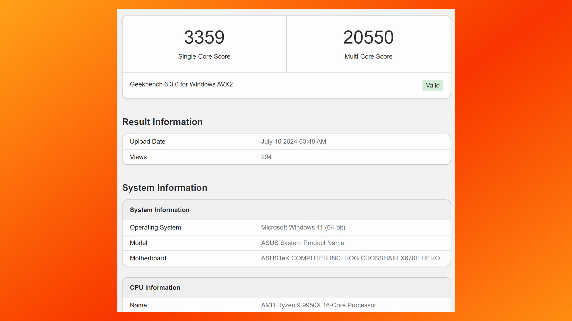 Capture d'écran de fuite du benchmark AMD Ryzen 9 9950X depuis le navigateur Geekbench