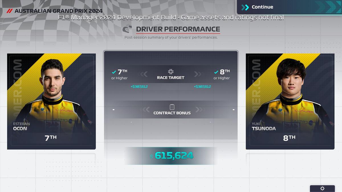 Aperçu de F1 Manager 2024 : l'écran des performances du pilote après le Grand Prix d'Australie.