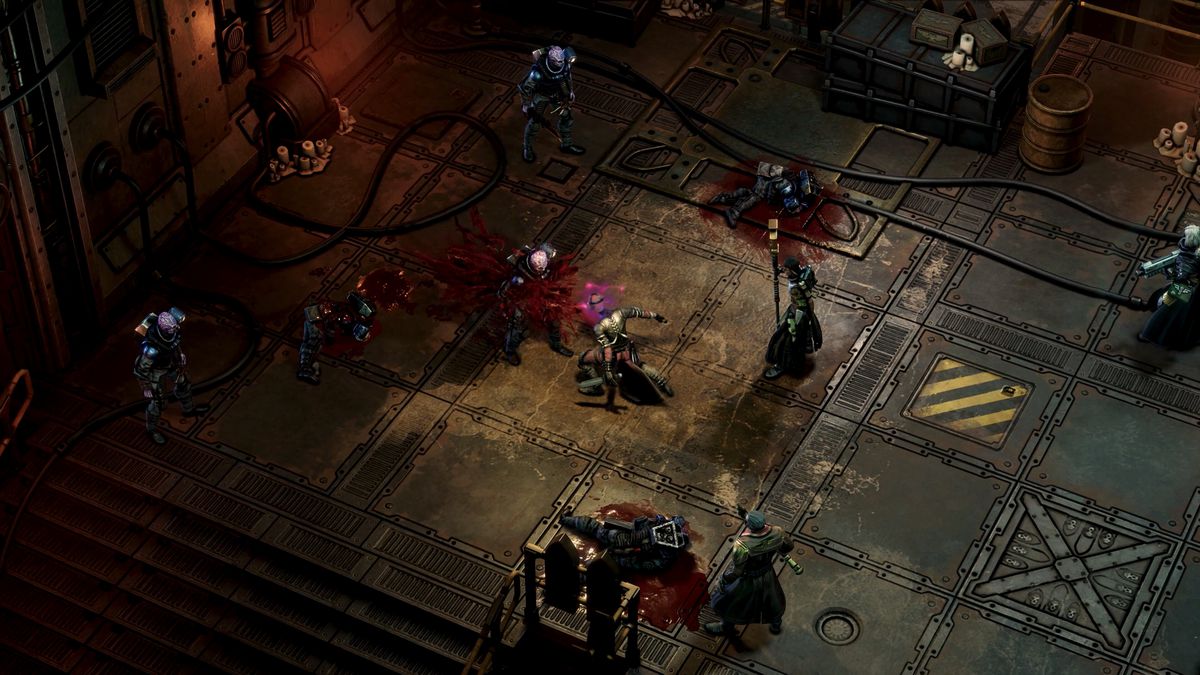 Un combat éclate dans Void Shadows, la première extension du CRPG Rogue Trader, avec l'Assassin du Culte de la Mort attaquant un Cultiste Genestealer.