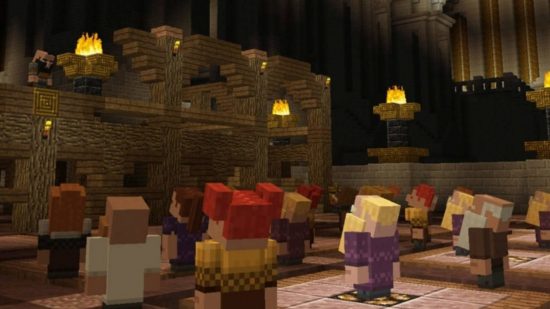 Commandes de la console Minecraft - un villageois ressemblant à un nain s'adresse à un public d'autres nains à l'intérieur de l'immense salle des mines.