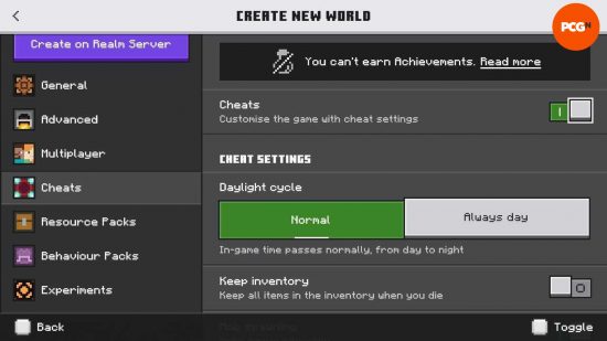 Le menu de triche dans Minecraft Bedrock Edition Nouvelle création du monde.