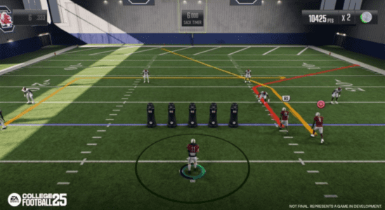 Official Gameplay Screenshot of a Skeleton Pass Practice Mini Game in EA Sports College Football 25 Road to Glory