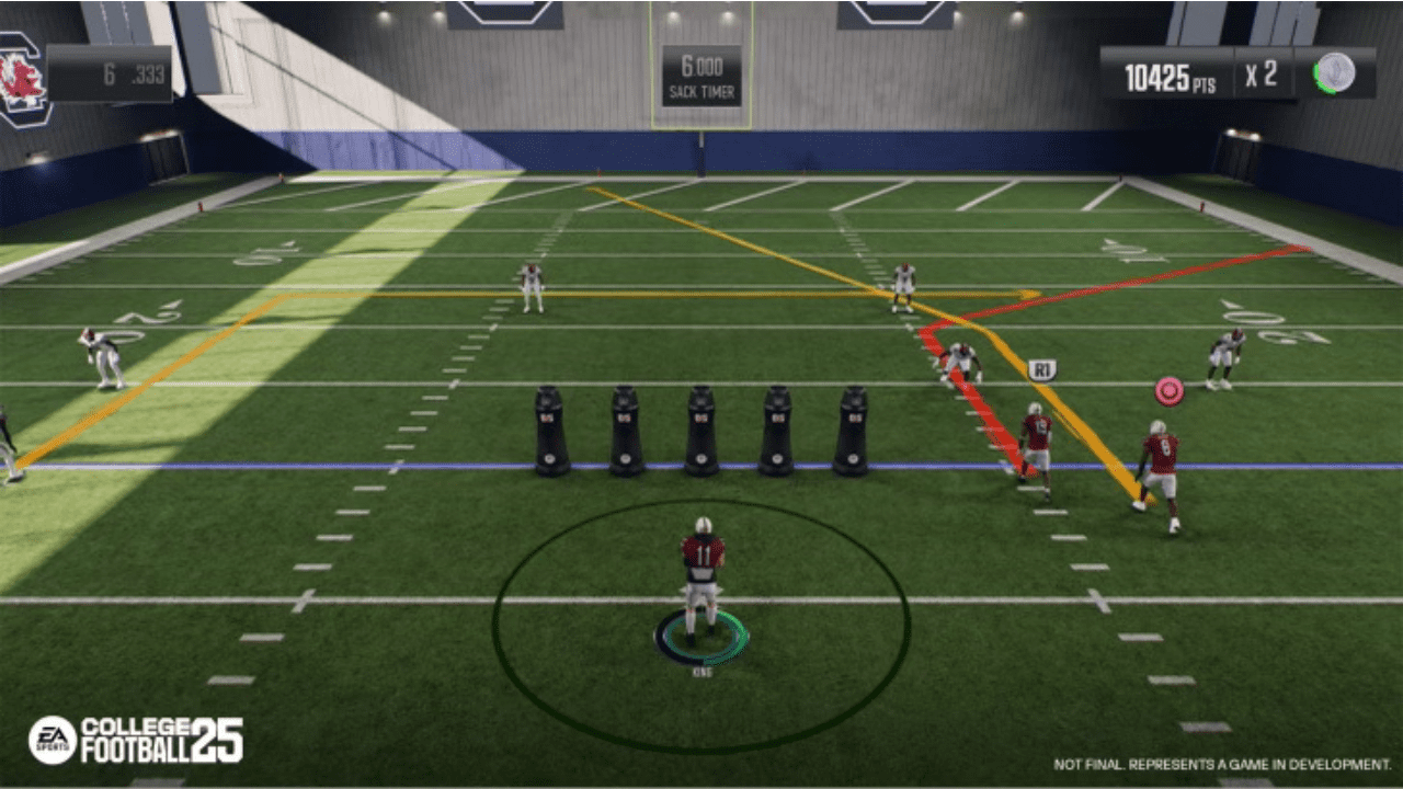 Official Gameplay Screenshot of a Skeleton Pass Practice Mini Game in EA Sports College Football 25 Road to Glory