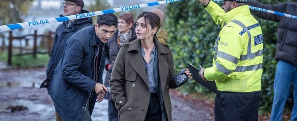 Detective Ember Manning (Jenna Coleman) arrives at the scene of a crime in new BBC drama The Jetty