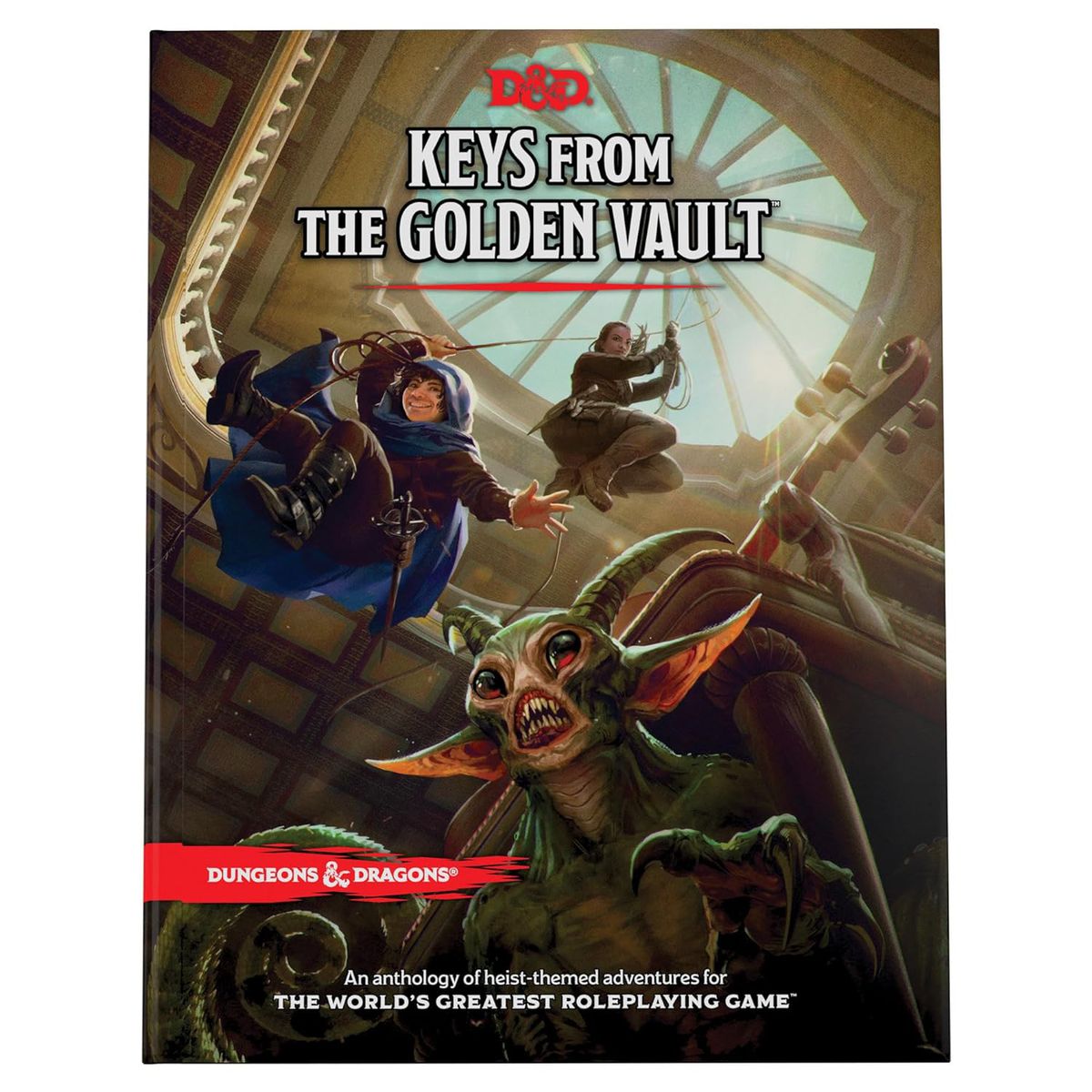 La couverture de la collection de braquages ​​​​D&D Keys from the Golden Vault, dans laquelle des membres du groupe tombent du plafond à l'aide de cordes vers une créature cachée sous une chaise.