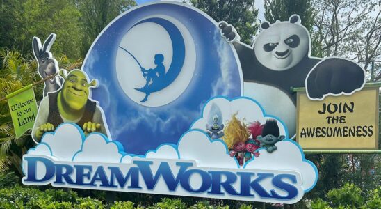 First look at the entrance sign to DreamWorks Land 2024.