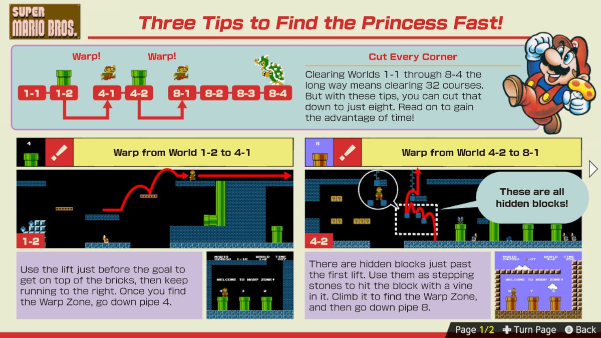 Un guide de conseils sur la façon de « trouver rapidement la princesse » dans Super Mario Bros., stylisé comme une page de guide du magazine Nintendo Power, de Nintendo World Championships: NES Edition
