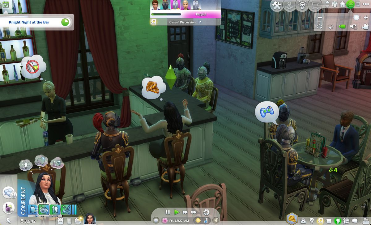 Le personnage des Sims 4, Gabriella, lors de la soirée des chevaliers au bar, parle aux chevaliers de sandwich au fromage grillé.