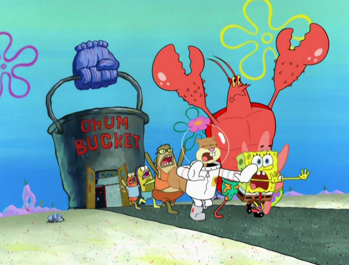 Bob l'éponge, Sandy, Larry le homard, Bubble Bass et d'autres personnages d'arrière-plan sortent en hurlant du Chum Bucket