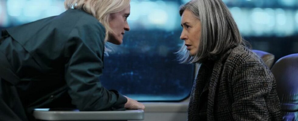 Psychotherapist Susannah in a heated discussion with Kate (Gina McKee) on a train in Channel 4