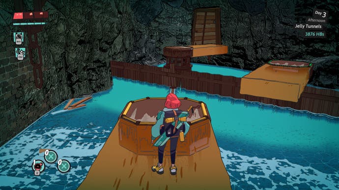 Dans un donjon de Dungeons of Hinterberg, le joueur se tient sur une plate-forme rotative au-dessus d'un lac.