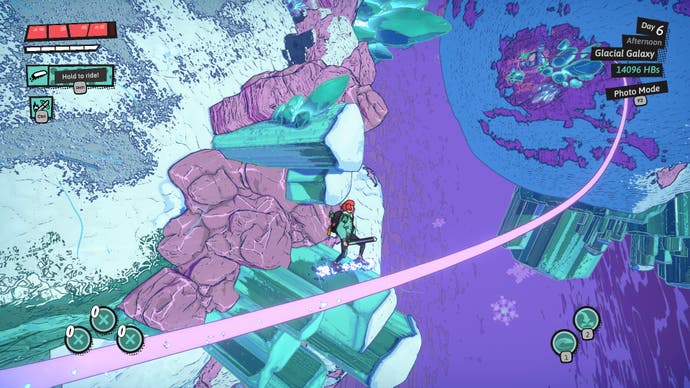 Le joueur parcourt un rail lumineux entre les planètes de glace dans les donjons d'Hinterberg