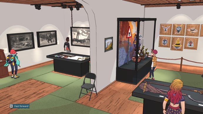 Le joueur explore un musée alpin avec des images et des expositions dans les donjons de Hinterberg.