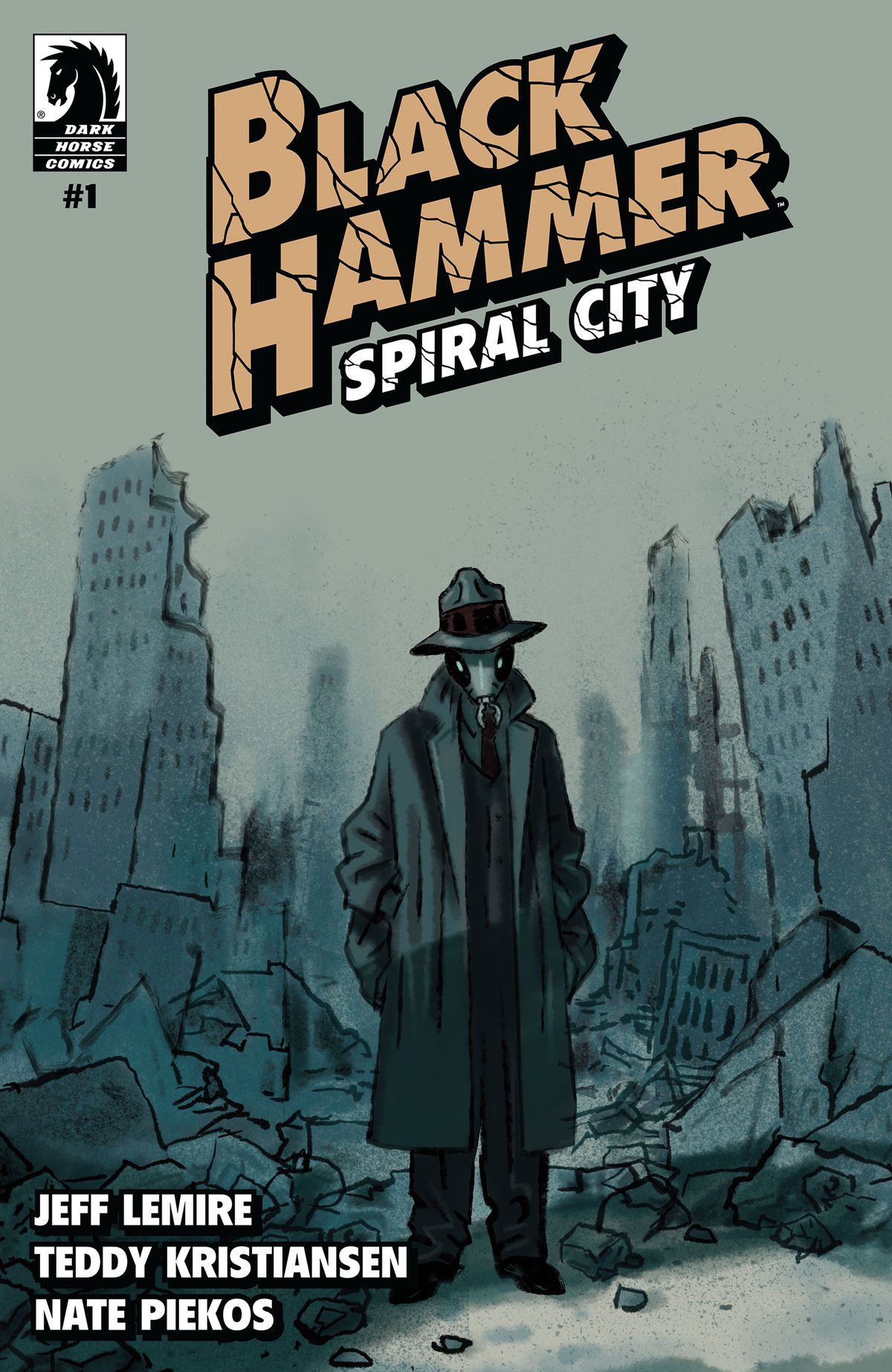 Un détective Grasshopper en trench-coat se tient dans les ruines d'une ville sur une couverture de Black Hammer: Spiral City