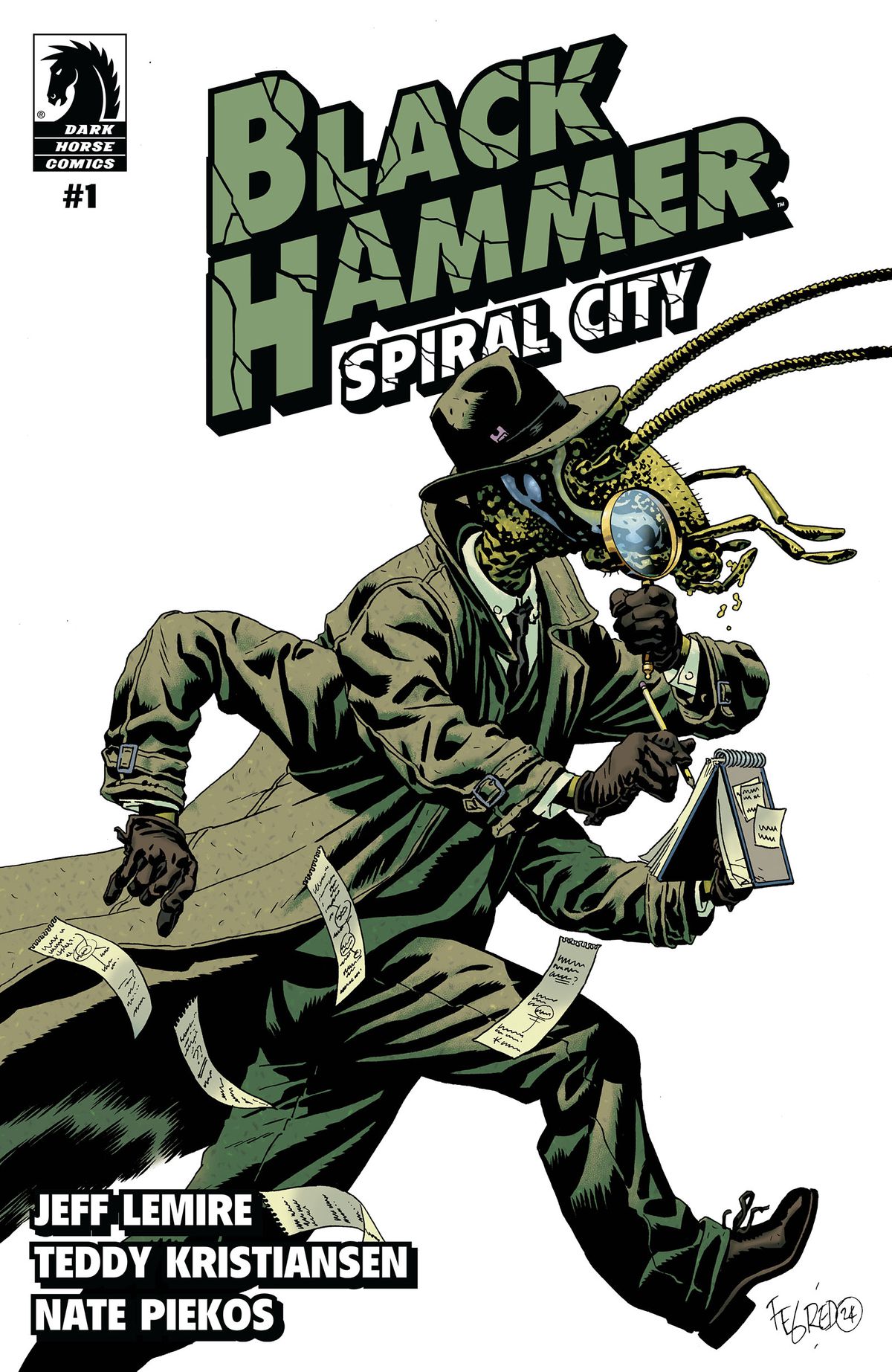 Un détective sauterelle à quatre membres portant un trench-coat, un chapeau et des gants tient une loupe et un cahier avec des pages qui volent dans une couverture pour Black Hammer: Spiral City #1