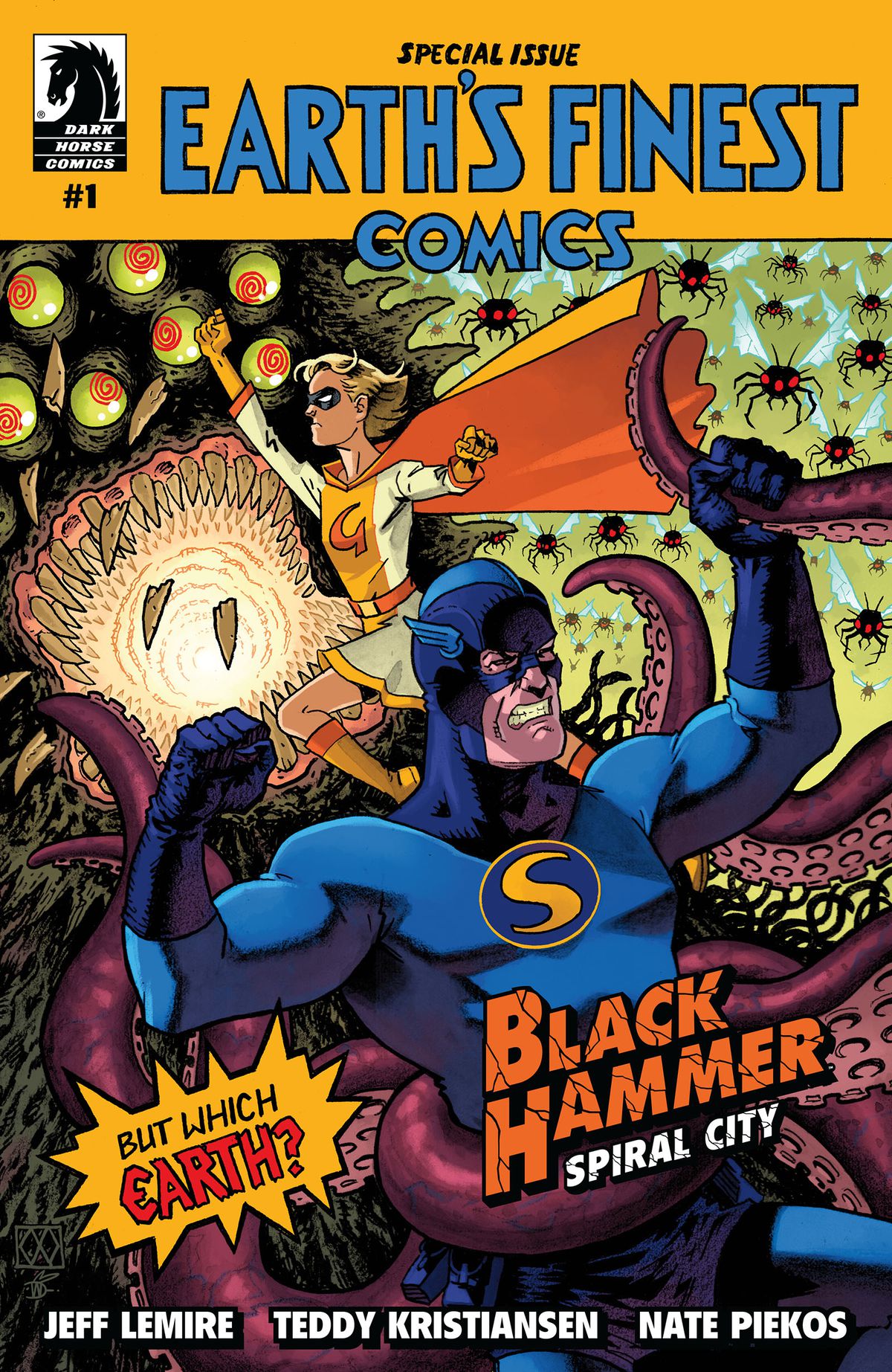 Un super-héros générique en collants bleus avec un S sur la poitrine et un acolyte adolescent en blanc et or et un masque de domino combattent un kraken dans une fausse couverture de « Earth's Finest Comics » pour Black Hammer : Spiral City.