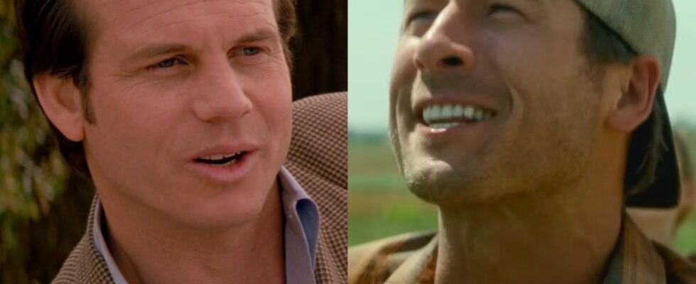 Bill Paxton in Twister and Glen Powell in Twisters