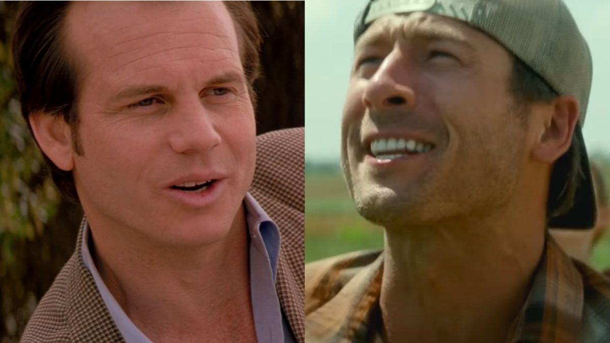 Bill Paxton in Twister and Glen Powell in Twisters