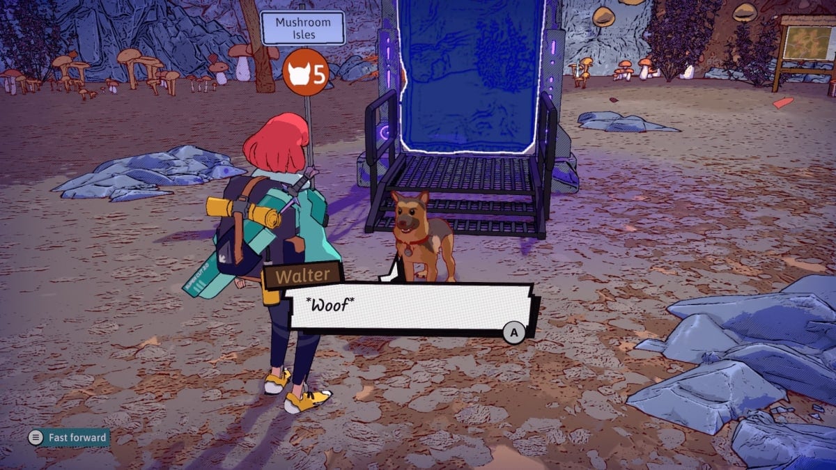 Une capture d'écran du jeu Dungeons of Hinterberg, montrant la protagoniste Luisa conversant avec un chien amical.