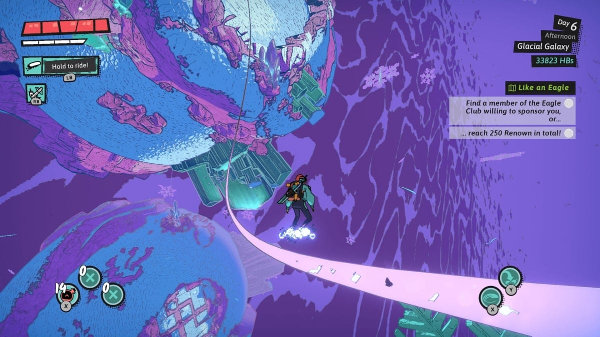 Une capture d'écran du jeu Dungeons of Hinterberg, montrant la protagoniste Luisa voyageant à travers un donjon en utilisant les rails violets brillants.