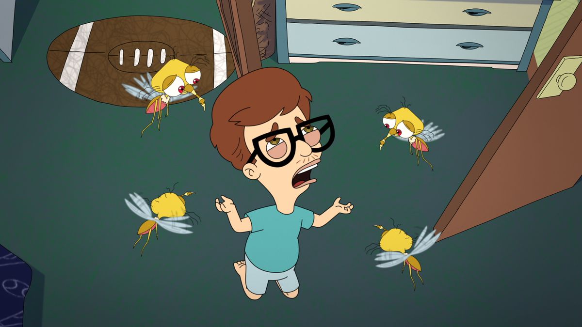 Andrew Glouberman, un enfant aux cheveux bruns portant de grosses lunettes noires, s'agenouille avec désespoir sur le sol de sa chambre et regarde le plafond tandis que des moustiques animés représentant son anxiété l'entourent dans la saison 4 de Big Mouth