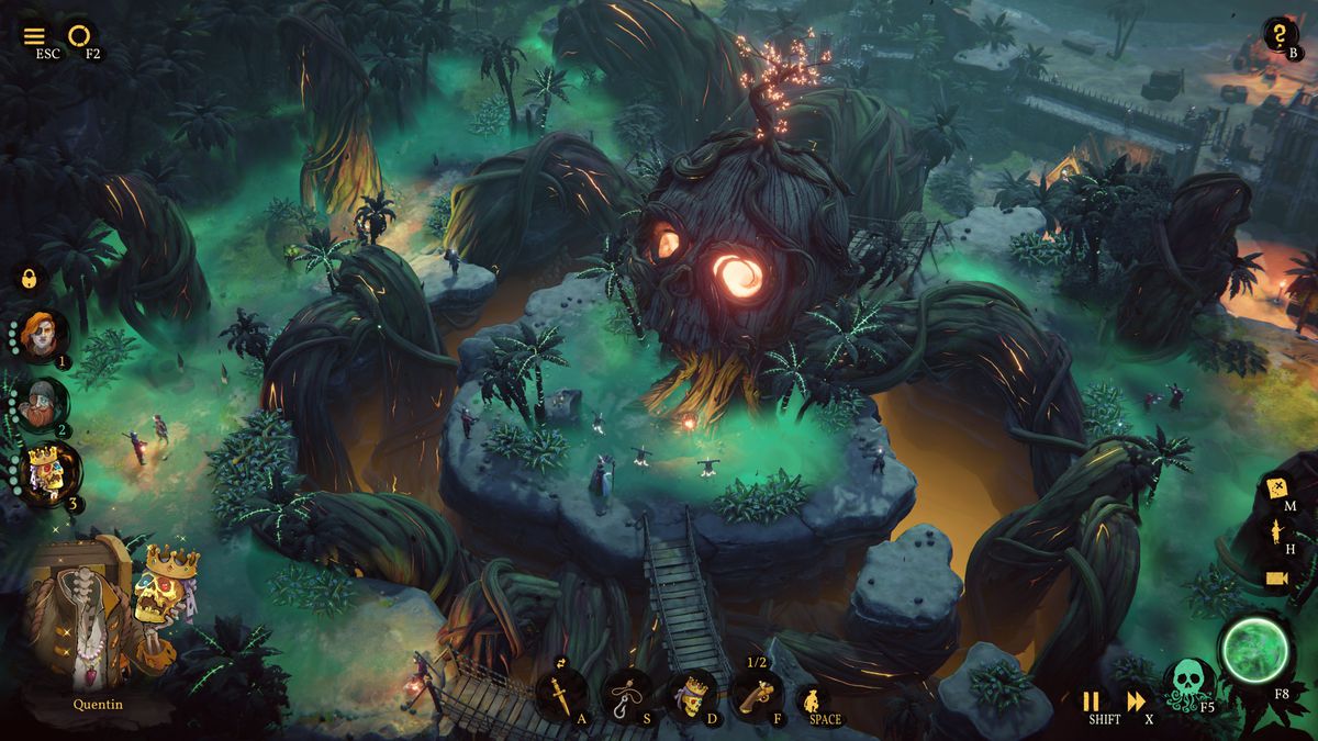 Une capture d'écran de l'équipage de Shadow Gambit : The Cursed, montrant un aperçu de l'île de Dreadvine Cove, mettant en évidence le crâne recouvert de vigne qui se trouve au centre de la carte.