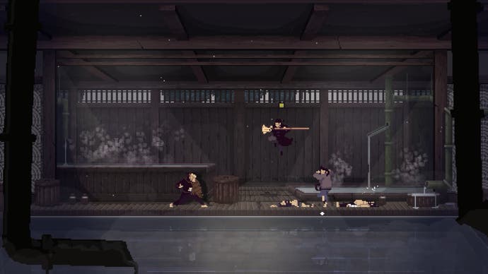 Capture d'écran de Forestrike montrant un combat en pixel art 2D avec un personnage sautant dans les airs avec un balai