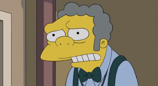 Close-up of Moe looking worried about Barney in The Simpsons Season 32 finale