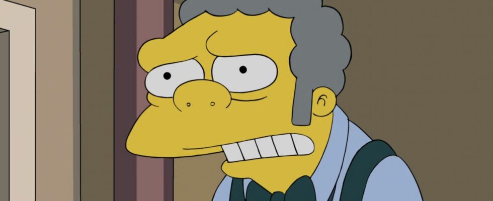 Close-up of Moe looking worried about Barney in The Simpsons Season 32 finale