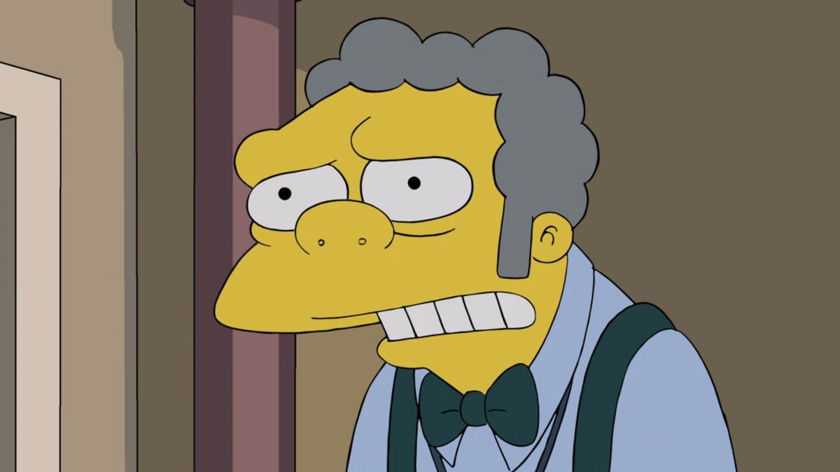 Close-up of Moe looking worried about Barney in The Simpsons Season 32 finale