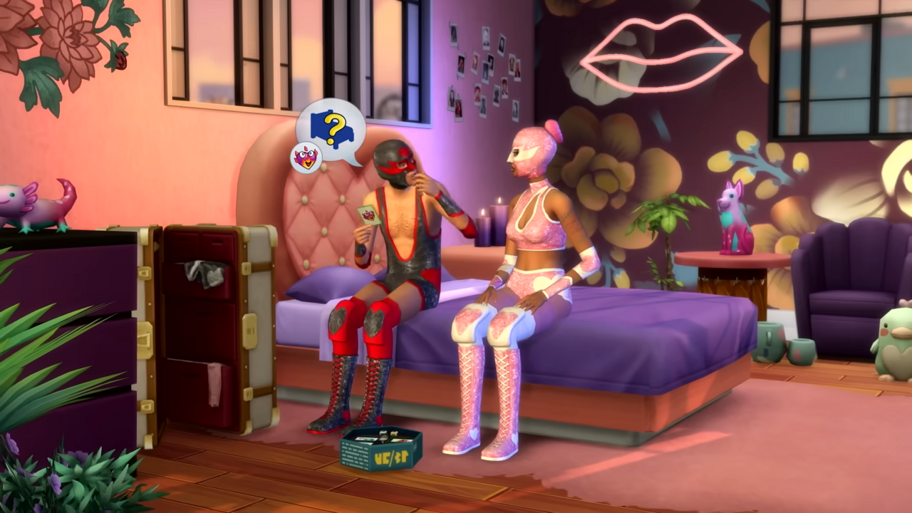 Un couple portant des tenues de catch assorties et révélatrices est assis sur un lit et joue au nouveau jeu pour adultes torride WooWho ?