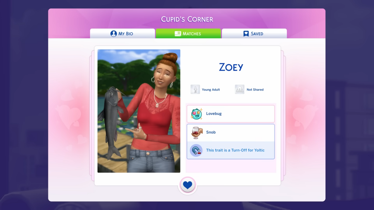 L'interface de Cupid's Corner, dans laquelle le profil d'une femme nommée Zoey est affiché. Elle tient maladroitement un poisson.