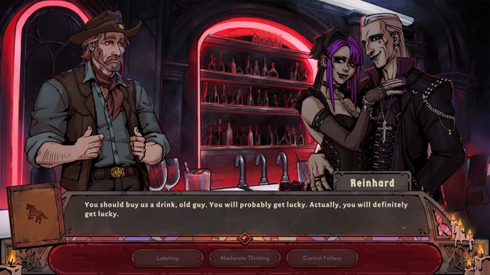 Capture d'écran du jeu de roman visuel Vampire Therapist, dans lequel le cow-boy Sam parle à deux gothiques dans un bar aux teintes rouges. Ils le laissent boire dans leur verre. Ils s'amusent beaucoup. C'est mutuellement bénéfique.