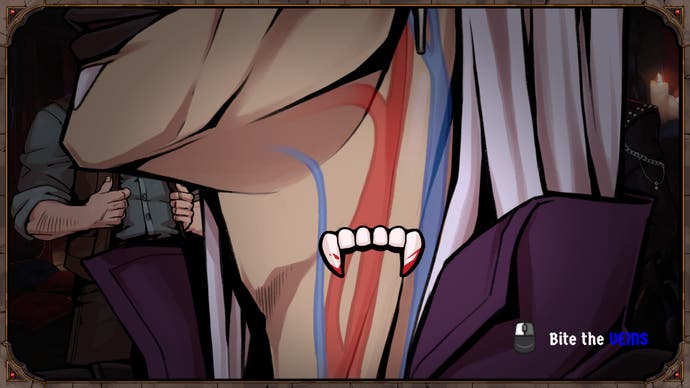 Capture d'écran du jeu de roman visuel Vampire Therapist montrant une section de morsure du cou. Des crocs planent au-dessus du cou d'un personnage, et nous pouvons voir les artères de couleur rouge ou bleue en dessous. Nous ferions mieux de choisir la bonne.