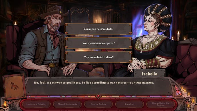Capture d'écran du jeu de roman visuel Vampire Therapist. Cowboy Sam interroge Isobella, un personnage important de la Renaissance.