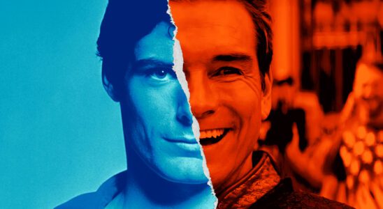 Combined stills of Superman in Superman: The Movie and Homelander in The Boys Season 3