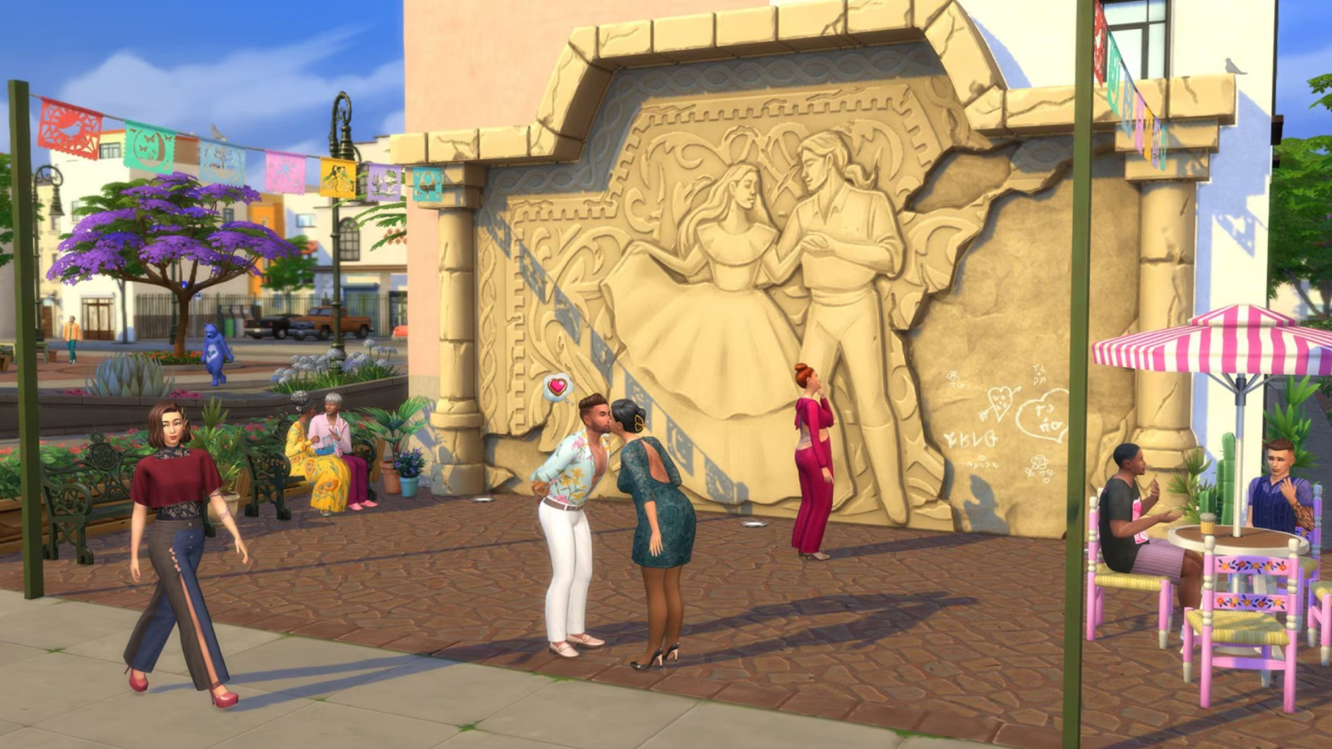 Les Sims 4 Lovestruck - Nouvelle ville Ciudad Enamorada, avec une fresque murale en pierre géante.